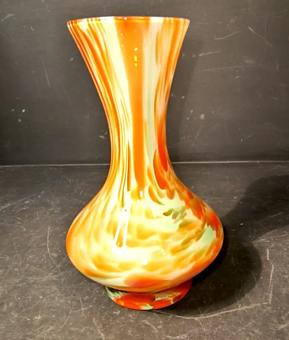 1843.  Art Glass Vase Bright End of Day Swirl Pattern Orange White and Green